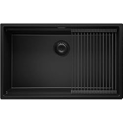 Fregadero Praga Fregadero Cocina 76x47 cm, Fregadero Granito Un Seno + enrollable escurridor + Sifón Clásico, Fregadero bajo encimera Prague 80 Level de Primagran, Todo Negro