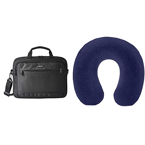 Image of AmazonBasics 14-Inch Tablet Bag, Black Memory Foam Travel Neck Pillow, Navy Blue