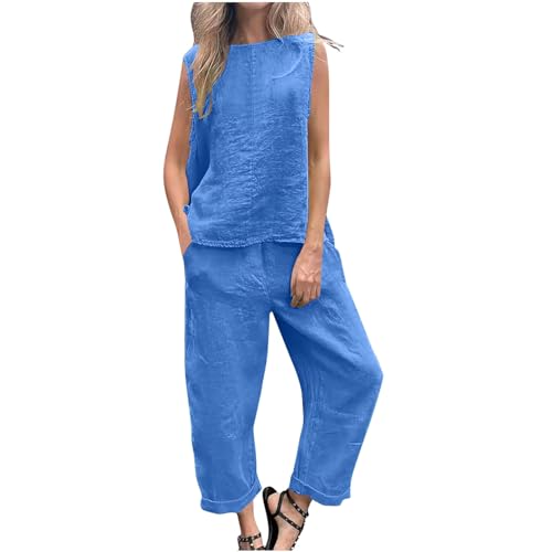 2 Piece Women Summer Lounge Cotton Linen Set Sleeveless Crew Neck Shirt Wide Leg Pants Set Travel Vacation Outfits - Main Image