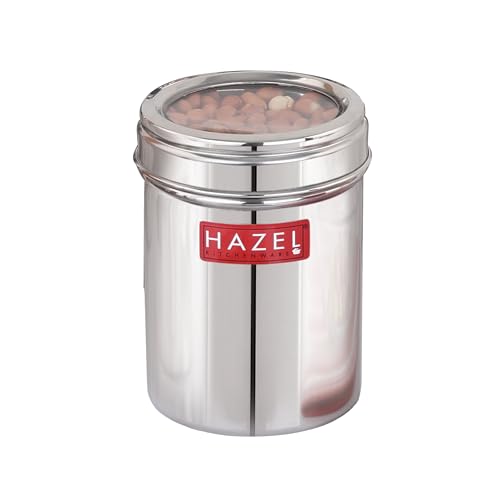Image of HAZEL Stainless Steel Kitchen Container with Transparent Lid | Top See Through Kitchen Container Set with Matt Finish | Multipurpose Container for Kitchen Storage, 900 ML