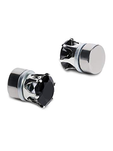 Fabula Jewellery Pair Of Black Stone Silver Stainless Steel Small Magnetic Non-Piercing Fashion Stud Earrings For Men & Boys