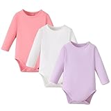 ROMPERINBOX Baby Girl Long Sleeve Onsies 9-12 Months, Baby Girl Onsies Pink White Purple 3 Pack Knitted Solid Baby Bodysuit Crew Neck Multicolors (Pink/White/Purple, 9-12 Months)