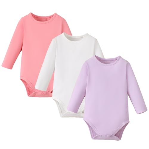 Image of ROMPERINBOX Long Sleeve Onsies Girl 3 Pack Knitted Solid Baby Crew Neck Bodysuit Multicolors 0-24 Months