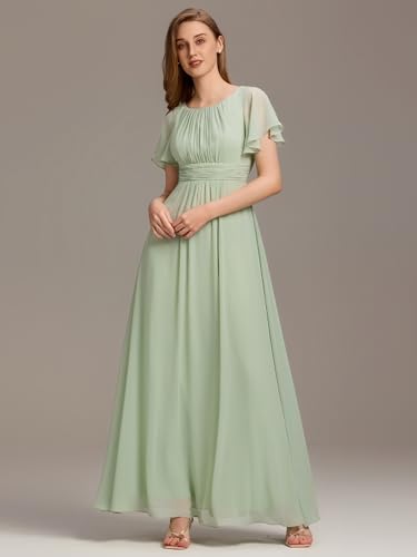 Image of Ever-Pretty Women's Spring Elegant Round Neck Short Sleeve Chiffon Empire Waist Floor Length Formal Dresses Bridesmaid Dress