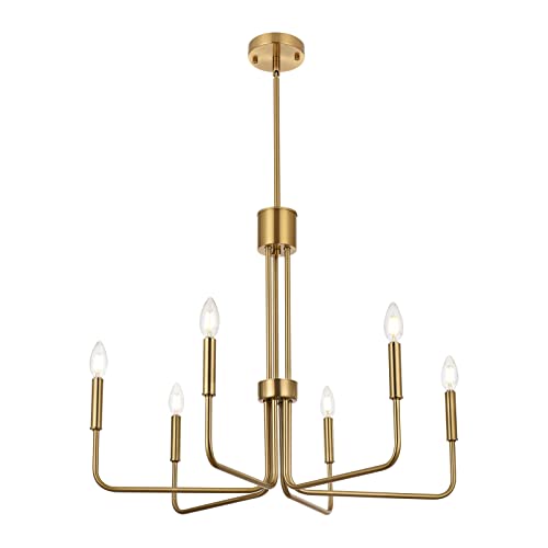 Niloah Modern Gold Chandelier For Dining Room, 6-Light Brushed Gold Chandeliers, Dining Room Light Fixtures Over Table 28 Inch, Adjustable Height #TOP29