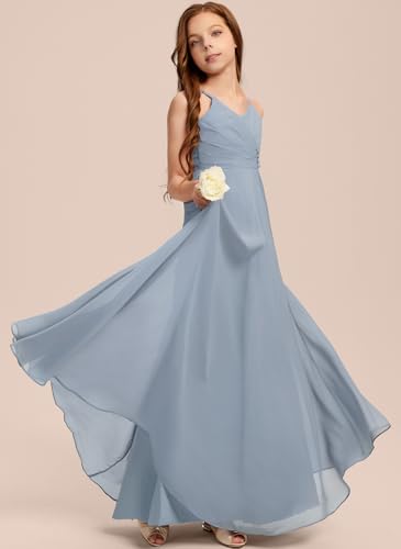 Junior Bridesmaid Dress for Teen Girls, Flower Girl Dresses A-line V-Neck Floor-Length Chiffon4