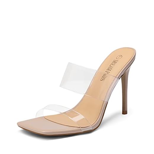 DREAM PAIRS Women's SDHS2230W Square Toe High Stiletto Heels Open Toe Double Strap Dress Mules Sandals Nude Clear Size 8.5 US