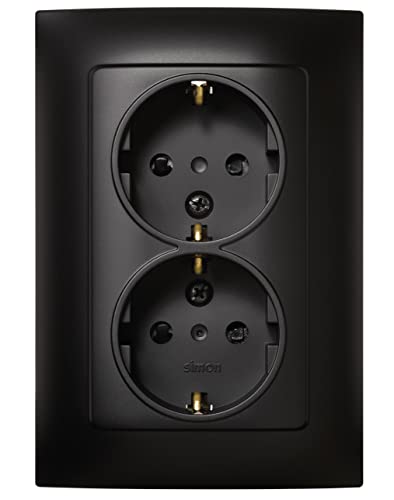 SIMON - Enchufe Doble de Empotrar Schuko, Serie Simon 10, 250V, 16 A, Enchufe de Pared Plano y Fino, Fácil de Instalar, Incluye Marco, Tapa y Mecanismo, Base de Enchufe Hembra Color Negro