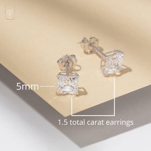 14K White Gold Princess Cut Swarovski Cz Stud Earrings For Women & Men | Cubic Zirconia Earrings Studs With Gold Earring Backs | Square Earrings For Men | 1.5 Carats Total | By Max + Stone #TOP2