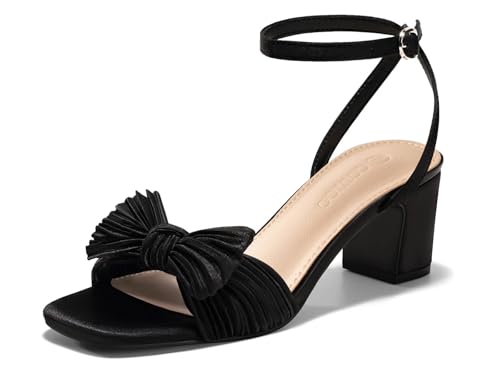 Coutgo Womens Bow Heels Sandals Block Low Heel Wedding Bride Dressy Shoes Open Toe Ankle Strap Sandals Black Size 8