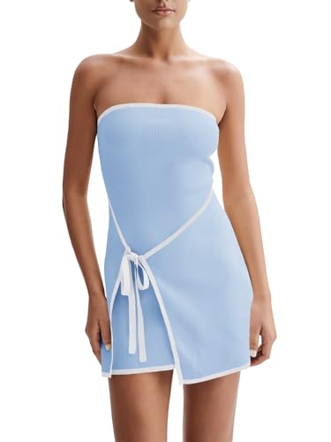 Image of Wenrine Womens Sexy Tube Top Dress Strapless Self Tie Wrap Asymmetrical Hem Knit Summer Party Mini Dresses