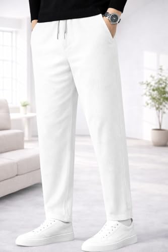 Image of Men's Comfortable Corduroy Pants | Relaxed Fit Stretch Waist Trousers for Everyday Wear Cream