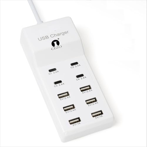 CEZO USB Charger USB Charging Station with Rapid Charging Auto Detect Technology Safety 10-Port Family-Sized Smart USB Ports for Multiple Devices...