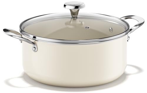 Redchef Ceramic Stock Pot with Lid Soup Pot for All Stoves 5 Qt Induction Cooking Pot for Soup Nonstick Even Heating Stay-Cool Handles Oven/Dishwasher Safe PTFE PFAS Free (Beige)