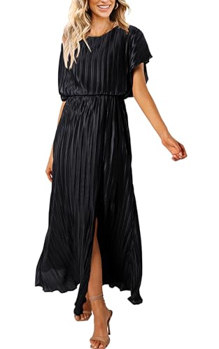 ECOWISH Summer Maxi Dress Women Cocktail Formal Wedding Guest Long Short Sleeve Pleated Dresses Empire Waist Crew Neck Slit Black Large