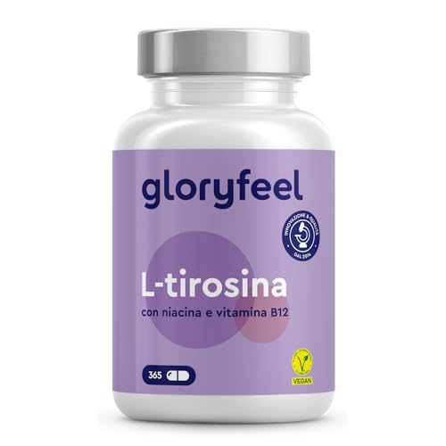Tirosina Integratore, L-Tirosina in 365 Capsule per 6 Mesi di Scorta, Con Niacina e Vitamina B12, Integratore Ad Alto Dosaggio, 100% Vegan e Senza additivi, Testato in Laboratorio