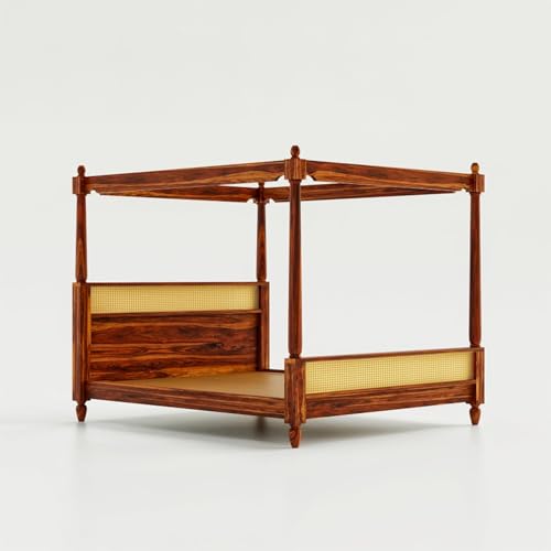 Image of Sheesham Wood Poster Bed Queen Size | Solid Wood Poster Bed Cot Wooden Double Bed Furniture for Bedroom Home and Hotel | Wooden Palang Divan (Natural Finish)