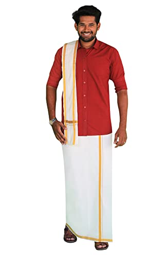 Image of PRAKASAM COTTON Mens Flexi size welcro pocket Readymade dhoti with golden Jari border + Matching Jari Cotton Single towel set only (shirt not included)