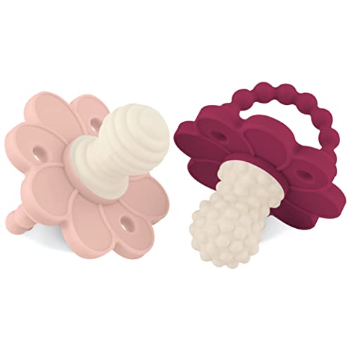 Image of Soothipop Silicone Pacifier Teething Toys for Babies 0-6 Months 12, 18 Months - (2 Pack) Pacifier Shaped Baby Teether, Soft Teething Pacifiers for Babies Baby Teething Relief Flower (Berry & Pink)