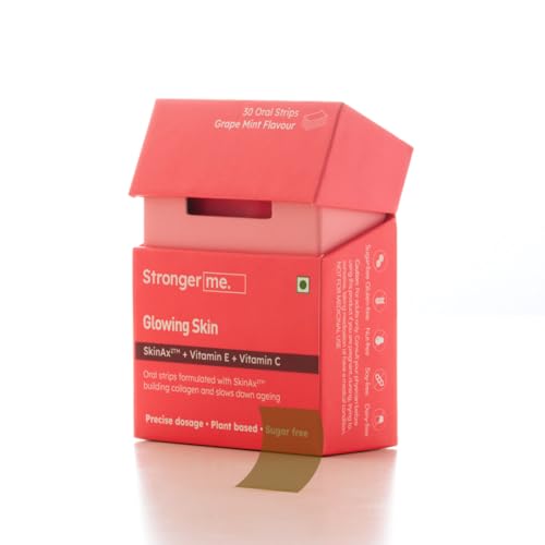 Stronger Me Skin Supplement with Plant Based Vitamin E, D3, C, SkinAx2TM for Building Collagen, Slow Down Ageing and Reduced Hyperpigmentation | 30 Oral Melting Strips | Grape-mint Flavoured.