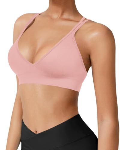 Image of VEQKING Seamless V-Neck Women Sports Bras, Padded Cross Back Wireless Low Impact Workout Yoga Bras for Small Chests, 3 Pack
