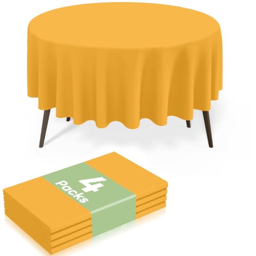 Image of misaya 4 Packs Disposable Plastic Table Cloth, 84 inch Round Waterproof Tablecloth, Leakproof & Sturdy Decorative Table Covers for Picnic, Party and Outdoor, Mustard Yellow
