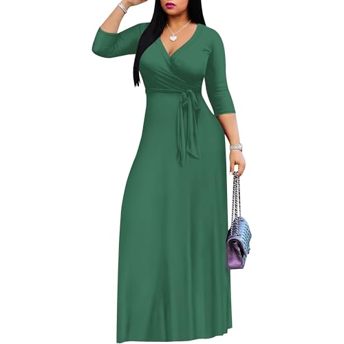Image of PinkPatty Women's Print Maxi Dresses 3 /4 Sleeve Flowy Long Dress V Neck Wrap Tie Waist Sundress