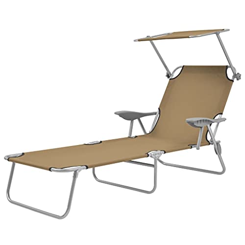 JHQHSM Tumbona plegable con protección solar ajustable de acero pulverizado en color topo, tumbona de jardín plegable para terraza y playa, resistente salón al aire libre