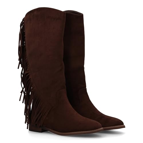 shoes&blues.es 94803 Bota Plana Mujer con Flecos y Estampado Liso, Diseno Moderno. Estilo Cowboy....
