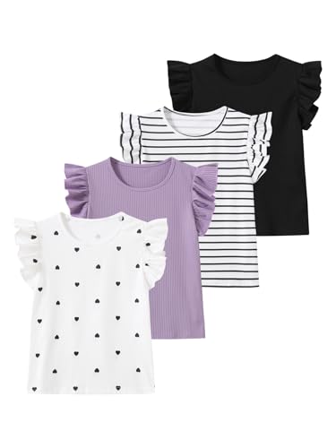 Image of Girls 4 Packs Tees Ruffle Short Sleeve T-Shirt Ribbed Knit Casual Summer Tunic Tops 4-12 Years