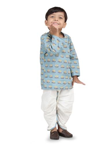 Image of POLKA TOTS Premium Cotton Dhoti Kurta Set for Kids Boys | Traditional Angrakha Style Ethnic Wear for Boys | Kurta Dhoti Set for Kids | Festive & Wedding Clothing Set for Baby