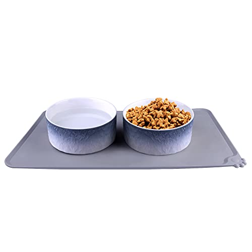 Syndecho Lot 2X Gamelle en Céramique pour Chien, 860ml Bol en Céramique pour Animal Domestique avec Antidérapant Tapis d’Alimentation d’Animaux (Bleu) Cover