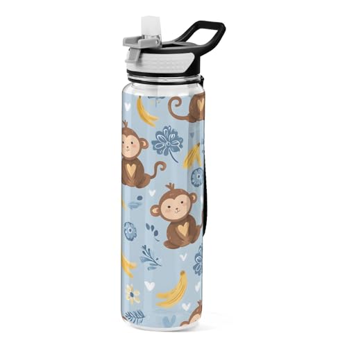 OWFKAY Botella de agua de 907.2 g con pajita, Tritan libre de BPA, patrón de plátano amarillo, botella de agua deportiva con asa de transporte, a prueba de fugas, perfecta para viajes, escuela