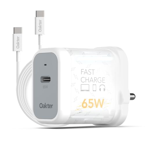 Image of Oakter 65W Fast Charger | Type-C Fast Charging Adapter for Laptop, Mobile, MacBook, iPhone 15 & Newer, iPad, Samsung | White | 3- Pin Plug (Adapter with Cable)
