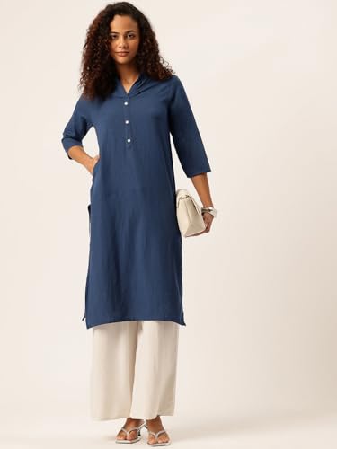 Image of feranoid Women's Plain Cotton Kurta with Mandarin Collar, 3 /4 Sleeves & Pocket