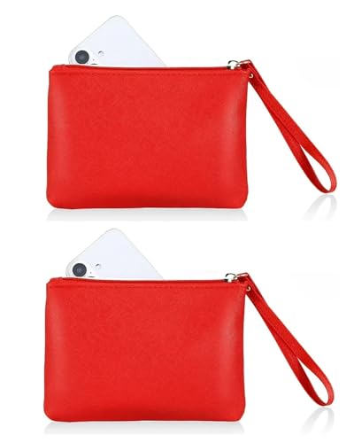 SeBUCUOO 2 Pack Small Zipper Pouch Mini Makeup Bag for Purse Lipstick Cosmetic Travel Make Up Organizer for Women Essentials Feminine Products, Car Change Coin Holder 8x5 Phone Wristlet Wallet, Red