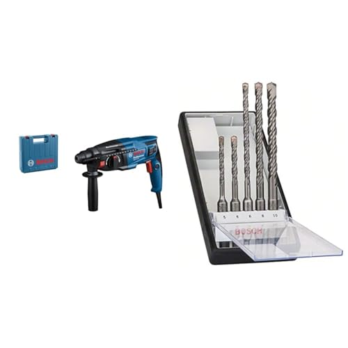 Bosch Professional Bohrhammer GBH 2-21 (mit SDS plus, inkl. Zusatzhandgriff, Maschinentuch, Tiefenanschlag, im Handwerkerkoffer) + 5tlg. Robust Line Hammerbohrer SDS Plus-5 Set (für Beton, Zubehör)