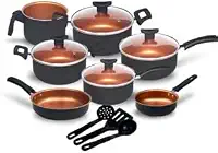 Conjunto de Panelas Antiaderente com Tampa de Vidro, 9 Peças, Revestimento Teflon, Cor Cobre, Utensílios em Nylon, Frigideiras e Caçarolas