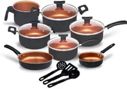 Conjunto de Panelas Antiaderente com Tampa de Vidro, 9 Peças, Revestimento Teflon, Cor Cobre, Utensílios em Nylon, Frigideiras e Caçarolas