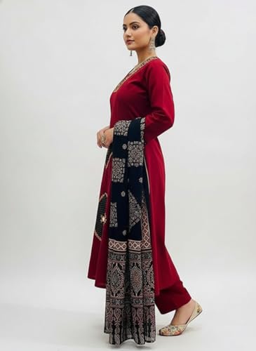 Image of BHARVITA Women's Rayon Handwork Embroidered and Printed Straight Kurta with Pant And Dupatta Sets