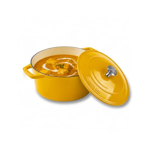 Image of CUMIN CO. Cast Iron Dutch Oven 1.2L, 16 cm | Induction Base Cookware | 10 Years Warranty | Non Toxic Non Stick Biryani Pot with Lid | Heavy Bottom | Chemical Free Coating | Free Accessories | Mustard