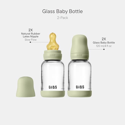 Image of BIBS Glass Baby Bottle, 120 ml, 2-Pack, Natural Rubber Nipple, Sage | Anti-Colic | Natural Rubber Latex Nipple | Slow Flow | Supports Breastfeeding | Made in Denmark | Familiar BIBS Nipple