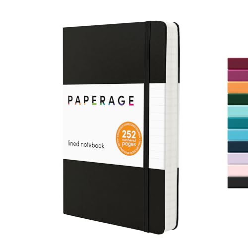 Image of PAPERAGE Lined Journal Notebook, (Black), 252 Pages, Medium 5.6 in x 8 in - 100 GSM Thick Paper - Hardcover Journaling Notebook for Work, School & Note Taking