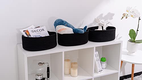 Kriitools Shelf Storage Baskets For Organizing|Cute Basket For Closet&Blanket Storage|Small Woven Baskets To Store Toys,Books,Etc.-13X8.66X5.11’’ Cotton Rope,Stylish,Oval 3 Packs Black #TOP1