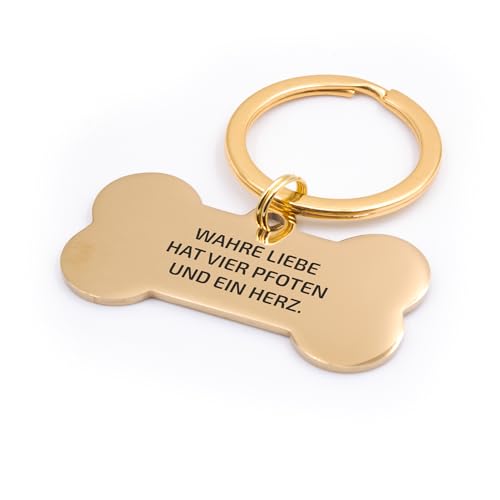 FELLSOCKE Hundemarke mit Gravur aus Edelstahl, Individuell gravierbar, Robuste Tiermarke, Dogtag Anhänger Hunde, Pferde, Katzen & Welpen (Goldfarben, 40x21 mm)