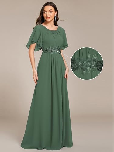 Image of Ever-Pretty Women's Classic Round Neck Pleated Short Sleeves Chiffon Appliques Floor Length A Line Formal Evening Dresses