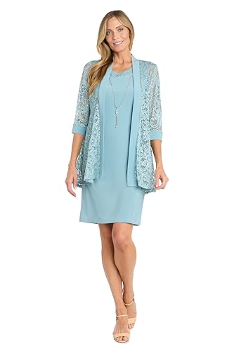 Image of R&M Richards Women's Embellished Sequin Lace Jacket and Shift Dress with Necklace for Mother of the Bride & Cocktail Party