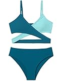 Aulyffo Girls Bathing Suit Size 11 12,Two Piece Bikini Criss Cross Swimsuit V-Neck Adjustable Shoulder Straps Girls' Swimwear Blue