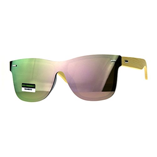 Real Bamboo Wood Temple Sunglasses Square Rims Behind Mirror Lens