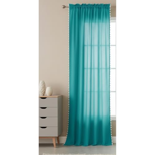 Image of HOMEMONDE Sheer 10 Feet Curtains with Decorative Side Border Pompom Curtain for Long Door, Linen Textured Light Filtering, Rod Pocket, 1 Piece - (304 CM, Blue)